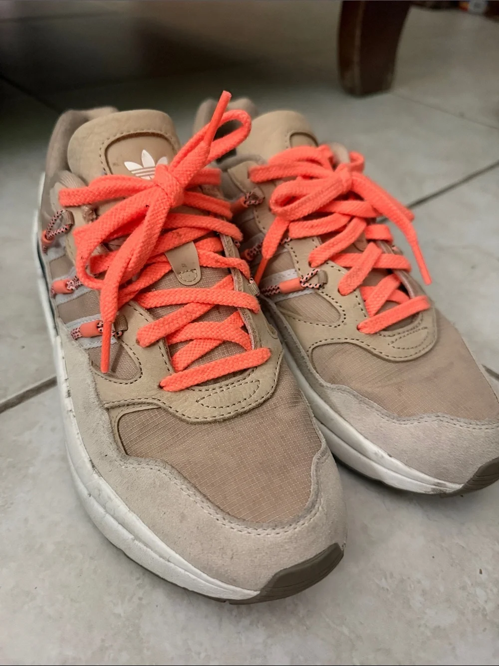 adidas womens Tan Suede Sneakers with Bright Orange Laces